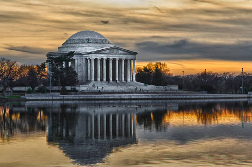 无人,横图,室外,河流,建筑,美国,反射,首都,历史,树,自然,黄昏,摄影,宁静,华盛顿特区,波托马克河,杰斐逊纪念堂,彩图