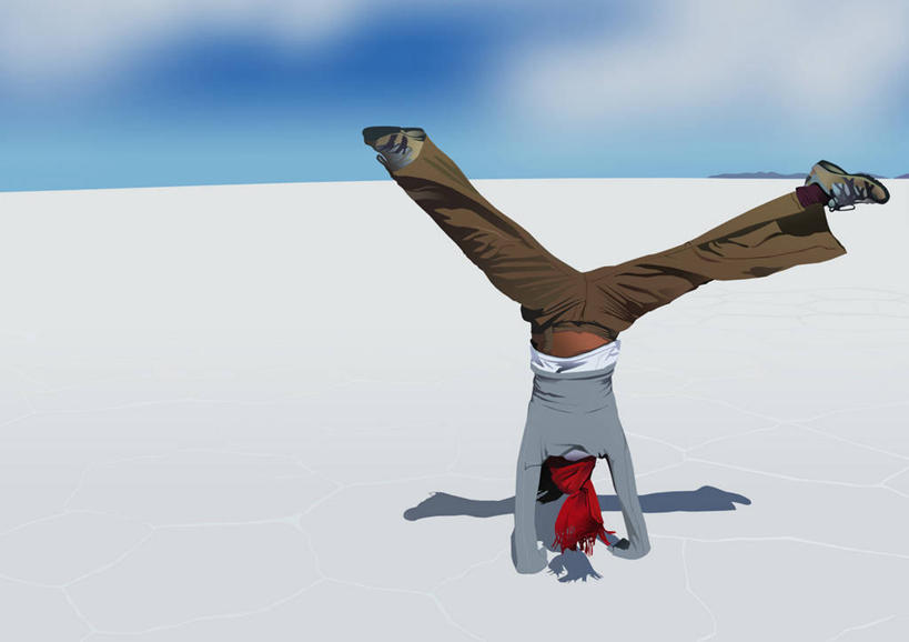 成年人,一个人,横图,插画,室外,白天,数码,科技,玻利维亚,仅一个男性,阴影,网络,云,高光,几何,计算机图形,合成,图画,休闲装,画,白色,天空,围巾,活力,乐趣,平衡,遮,遮掩,张开双腿,电脑合成图,数码合成图,掩盖,颠倒,享乐,遮挡,合成图,漫画,遮盖,写实,具体,具象,掩饰,盐滩,展开双腿,无忧无虑,侧手翻,彩图,伸展双腿