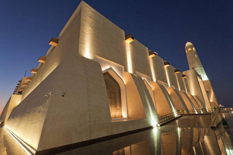 无人,横图,室外,夜晚,建筑,卡塔尔,反射,拱门,首都,历史,摄影,宗教,伊斯兰教,清真寺,波斯湾,中东文化,多哈,万里无云,彩图