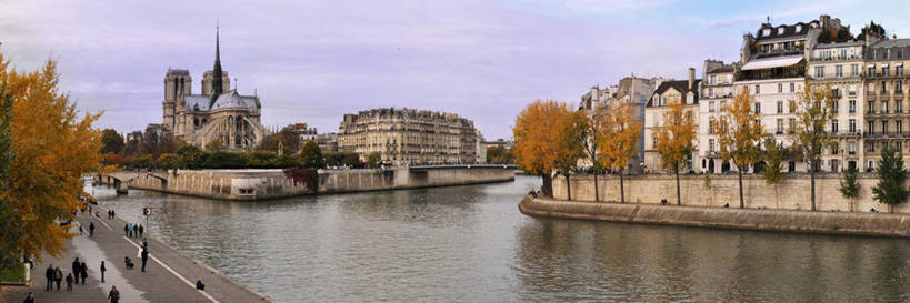 横图,全景,俯视,室外,白天,城市,建筑,路,法国,巴黎,巴黎圣母院,反射,云,首都,树,天空,摄影,基督教,塞纳河,法国文化,秋天,彩图,高角度拍摄,大教堂