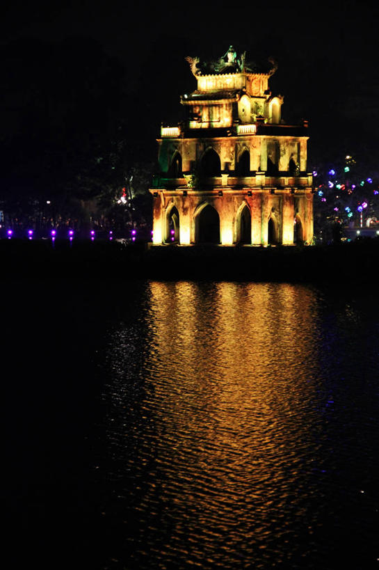 无人,竖图,室外,夜晚,建筑,越南,反射,塔,首都,摄影,照亮,河内,还剑湖,彩图