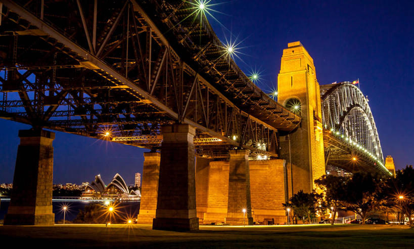 无人,横图,室外,夜晚,仰视,天际线,城市,建筑,悉尼歌剧院,澳大利亚,柱子,桥,歌剧院,联系,现代,天空,摄影,照亮,发展,新南威尔士,彩图,低角度拍摄,悉尼港桥