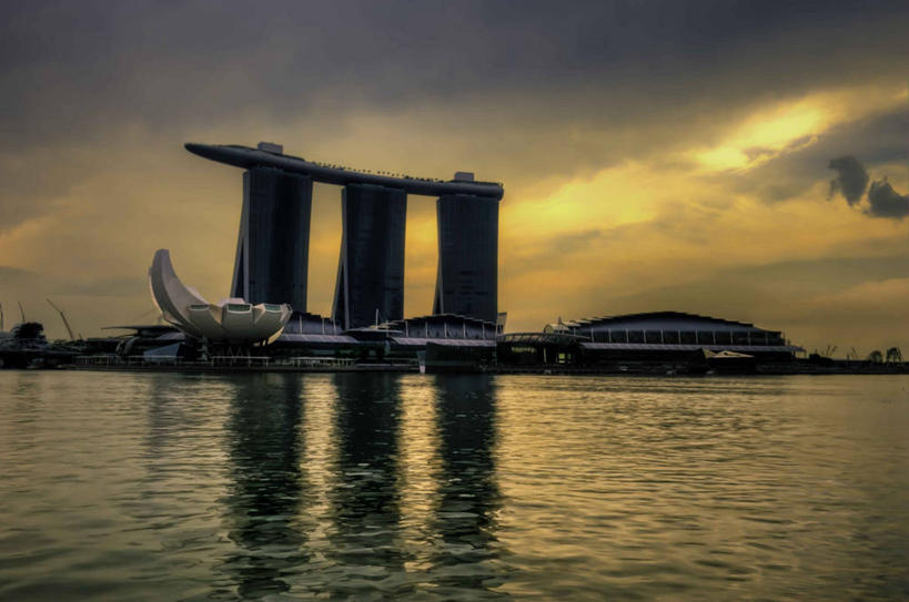 无人,横图,室外,海洋,城市,建筑,摩天大楼,新加坡,阴影,反射,云,天空,黄昏,摄影,彩图,滨海湾金沙酒店