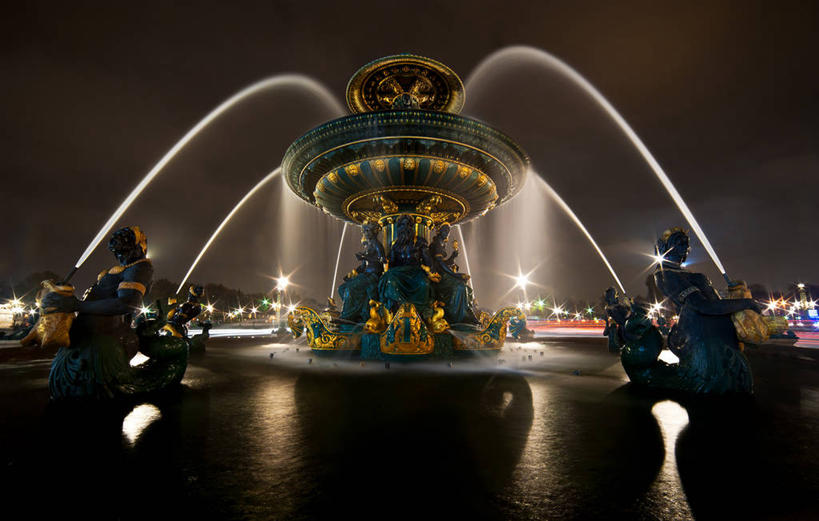 无人,广场,横图,室外,夜晚,长时间曝光,城市,喷泉,雕塑,法国,巴黎,反射,首都,天空,摄影,照亮,法国文化,协和广场,法兰西岛大区,彩图