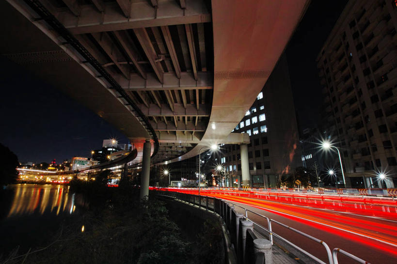 无人,横图,室外,夜晚,长时间曝光,城市,路,路灯,东京,日本,桥,首都,中央区,联系,运输,摄影,迅速,照亮,彩图