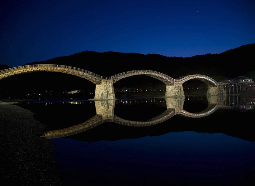 无人,横图,室外,夜晚,河流,山,建筑,日本,反射,柱子,拱门,桥,联系,天空,自然,摄影,宁静,锦带桥,彩图,岩国