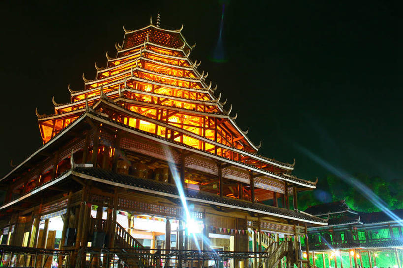 无人,宫殿,横图,室外,夜晚,仰视,建筑,风景,摄影,照亮,阳朔,彩图,低角度拍摄