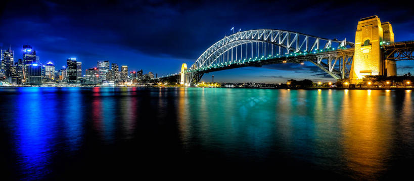 无人,横图,全景,室外,夜晚,度假,海洋,美景,城市风光,城市,建筑,摩天大楼,澳大利亚,反射,景观,联系,娱乐,风景,天空,地标建筑,享受,休闲,景色,放松,摄影,吊桥,照亮,悉尼,发展,新南威尔士,彩图,悉尼港桥