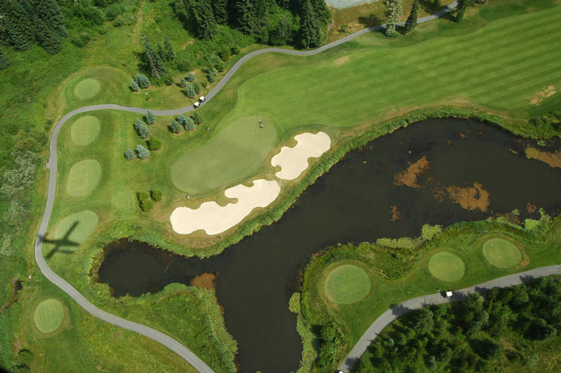 无人,横图,俯视,航拍,室外,白天,加拿大,高尔夫球场,草,风景,摄影,宁静,鸟瞰,惠斯勒,大不列颠哥伦比亚,高尔夫球运动,高角度拍摄