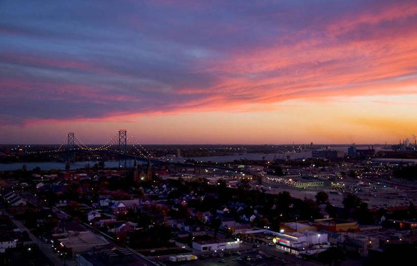 无人,横图,俯视,室外,度假,美景,日落,城市风光,城市,建筑,美国,景观,桥,宏伟,娱乐,风景,黄昏,享受,休闲,景色,放松,摄影,吊桥,北美,北美洲,美洲,剪影,北亚美利加洲,亚美利加洲,密歇根,密歇根州,貂熊州,狼獾之州,狼獾州,底特律,高角度拍摄,美利坚合众国