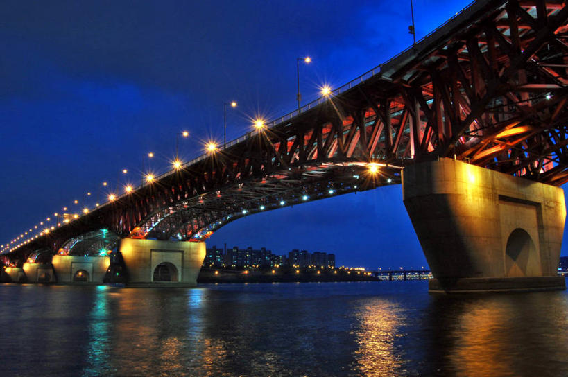 无人,横图,室外,河流,城市,建筑,首尔,韩国,反射,桥,首都,联系,黄昏,摄影,吊桥,照亮,汉江,旅行