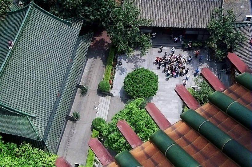 太阳穴,横图,俯视,室外,白天,旅游,度假,建筑,榕树,广州,中国,行人,游客,游人,屋顶,瓦,宝塔,路人,旅客,树,摄影,宗教,房地产,东亚,广东省,灵性,无花果树,过客,高角度拍摄,旅行