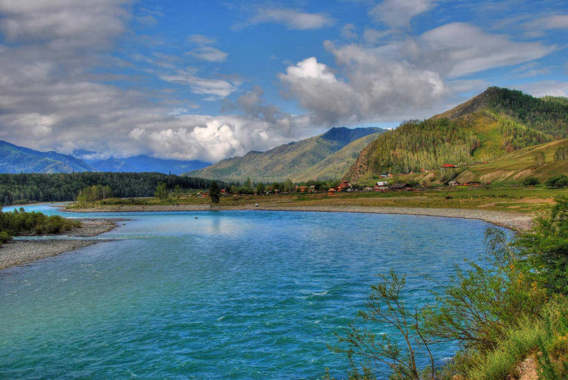 无人,横图,室外,白天,旅游,度假,河流,美景,山,山脉,俄罗斯,地形,景观,流水,乡村,云,娱乐,树,风景,天空,自然,享受,休闲,景色,放松,摄影,宁静,自然风光,西伯利亚,旅行,阿尔泰山脉,月