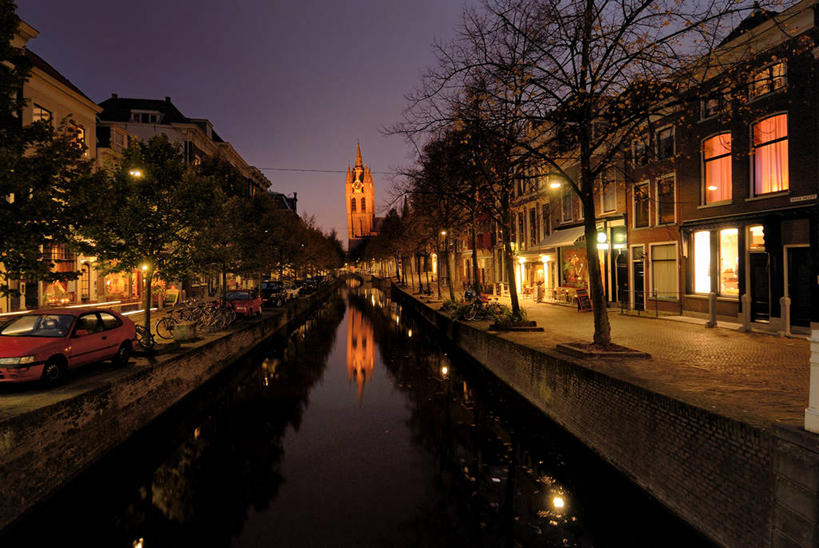 无人,教堂,横图,室外,建筑,汽车,荷兰,反射,流水,机动车,光亮,树,黄昏,运输,摄影,宗教,运河,照亮,代尔夫特,旅行