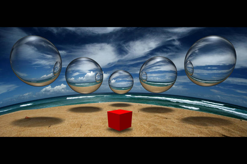 无人,横图,室外,白天,鱼眼镜头,海洋,水,阴影,透明,反射,沙子,云,半空,立方体,数码合成,天空,自然,球体,摄影,宁静,环境,波多黎各,三维图形,想法,海滩