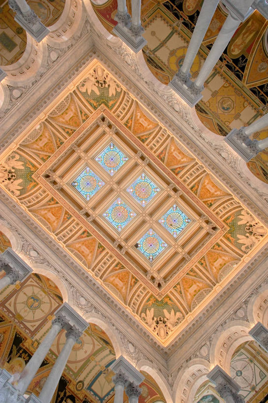 无人,竖图,室内,白天,重复,天花板,建筑,美国,对称,装饰,柱子,拱门,首都,注视,大厅,观察,看,摄影,观看,察看,关注,政府,政治,华盛顿特区,美国国会图书馆,式样,彩图,全画面,全框架,全帧,全画幅