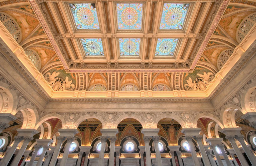 无人,横图,室内,白天,仰视,重复,窗户,天花板,建筑,美国,一排,对称,整齐,装饰,柱子,拱门,首都,大厅,排列,摄影,队列,政府,政治,华盛顿特区,美国国会图书馆,式样,彩图,低角度拍摄