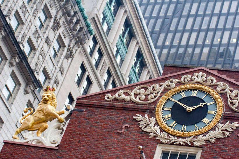 无人,横图,室外,特写,白天,仰视,窗户,建筑,狮子,雕塑,美国,现代,摄影,反差,波士顿,马萨诸塞,新英格兰,钟,彩图,低角度拍摄