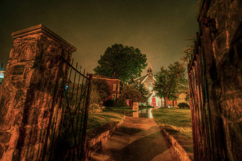 无人,教堂,横图,室外,夜晚,建筑,美国,大门,小路,首都,石墙,树,摄影,怪异,华盛顿特区,惊骇,乔治镇,彩图