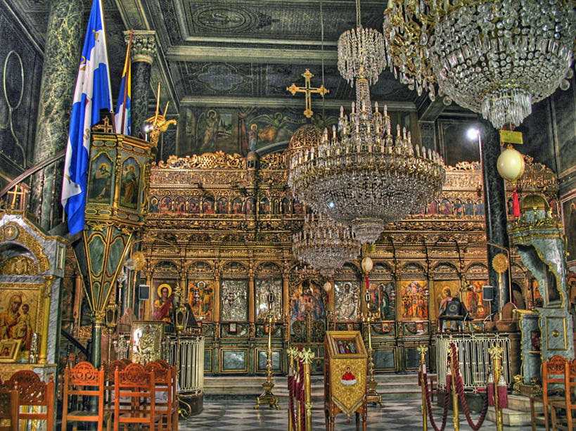 无人,教堂,横图,室内,白天,建筑,旗帜,希腊,摄影,基督教,希腊文化,水晶吊灯,彩图,希腊国旗