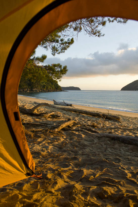 无人,竖图,室外,海洋,美景,新西兰,沙子,帐篷,地形,海岸线,景观,水平线,海湾,黎明,树,风景,自然,景色,摄影,宁静,早晨,自然风光,艾贝尔塔斯曼国家公园,尼尔森,海滩,彩图