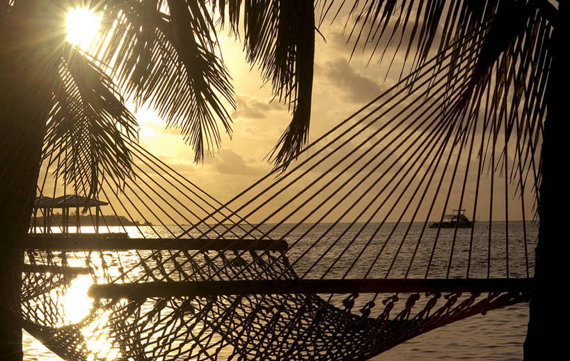 无人,横图,室外,白天,镜头眩光,度假,海洋,日落,吊床,日光,放松,摄影,宁静,热带气候,棕榈叶,耀斑,彩图