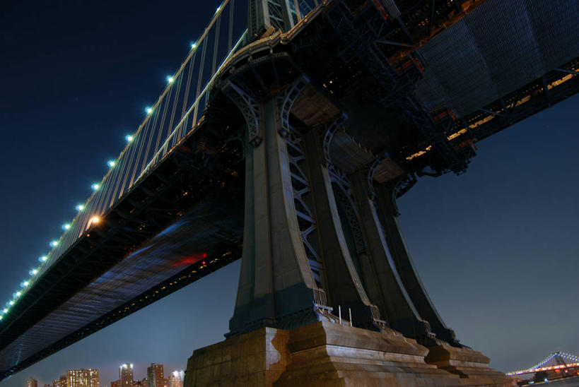 无人,横图,室外,夜晚,长时间曝光,仰视,城市,建筑,纽约,美国,桥,联系,运输,摄影,吊桥,照亮,曼哈顿桥,彩图,低角度拍摄