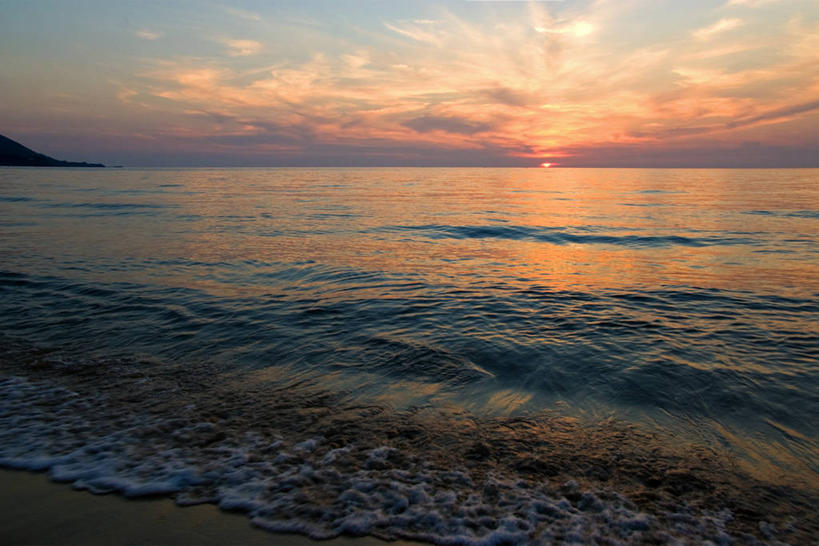 无人,横图,室外,海浪,日落,太阳,意大利,反射,水平线,风景,摄影,宁静,海景,卡拉布里亚,海滩,彩图