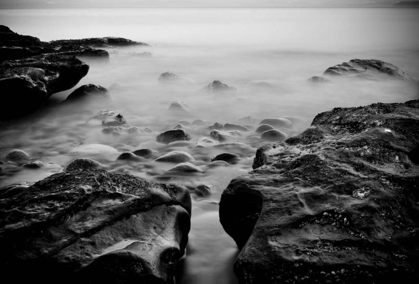 无人,横图,黑白,室外,白天,神秘,海洋,雾,加拿大,海岸线,河岸,风景,摄影,岩石