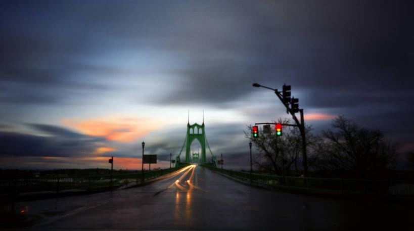 无人,横图,室外,白天,长时间曝光,日落,路,日光,美国,云,红绿灯,桥,摄影,剪影,波特兰,彩图