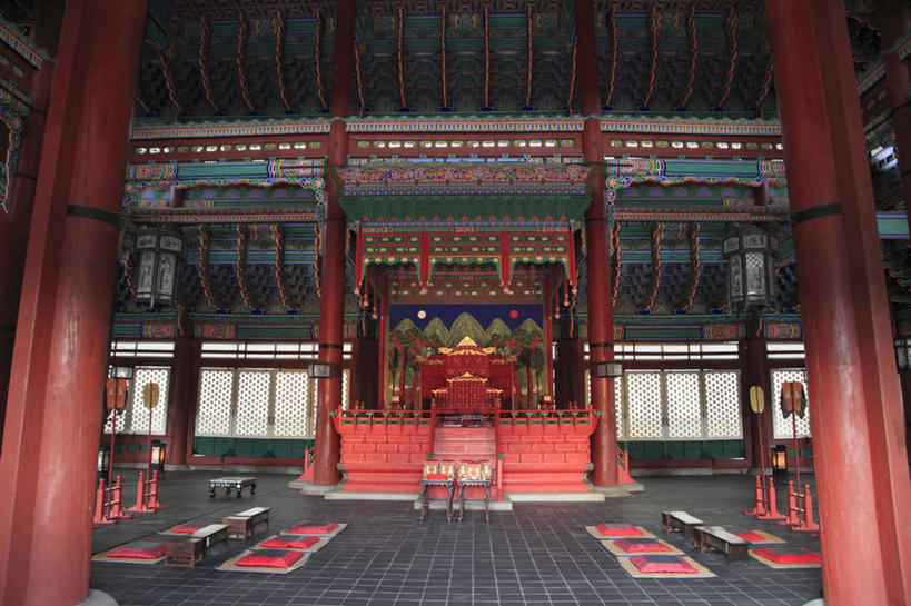 无人,宫殿,横图,室内,白天,景福宫,首尔,韩国,亚洲,柱子,走廊,首都,红色,摄影,皇室,王座,彩图