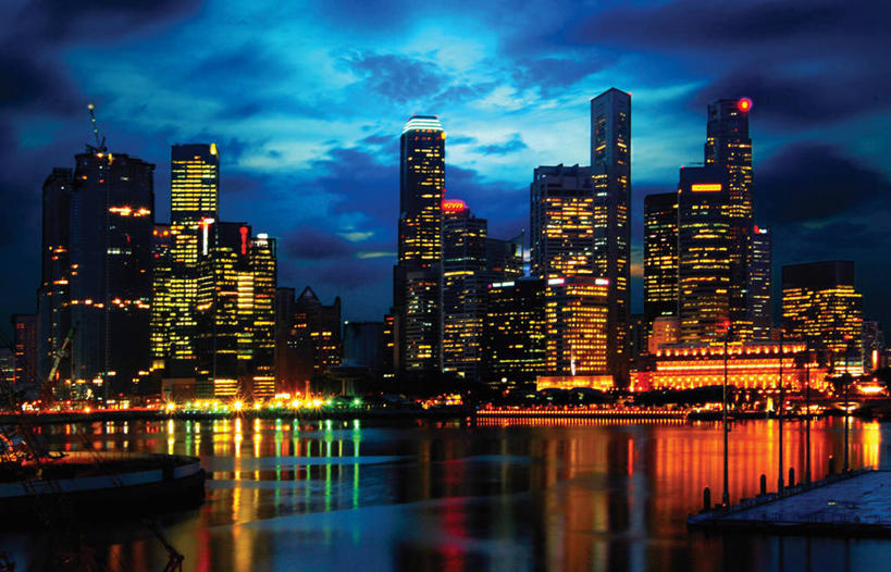 无人,横图,室外,夜晚,天际线,建筑,摩天大楼,新加坡,反射,摄影,宁静,照亮,金融区,彩图