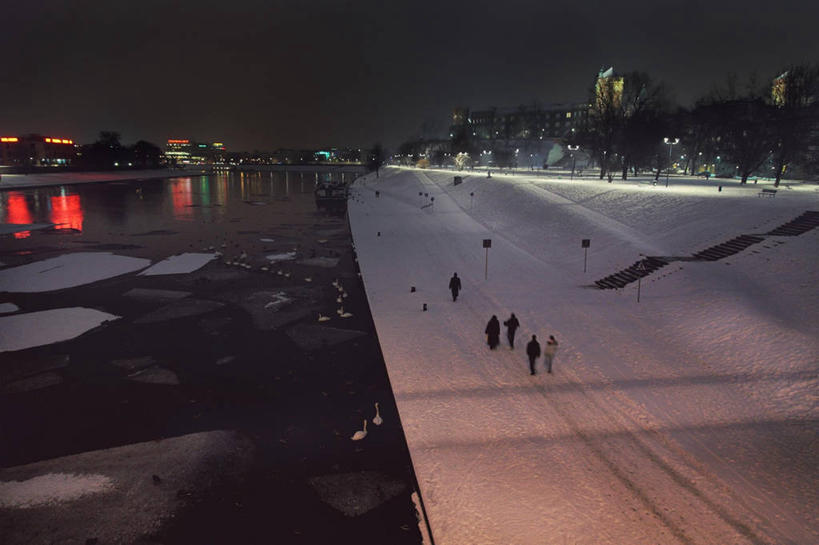 横图,俯视,室外,夜晚,雪,建筑,波兰,冬天,放松,摄影,宁静,照亮,克拉科夫,维斯瓦河,步行,彩图,高角度拍摄