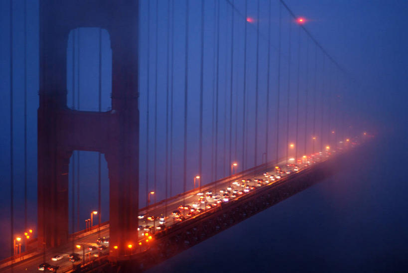 无人,横图,室外,消失点,雾,城市,建筑,交通,黄昏,运输,摄影,吊桥,照亮,金门大桥,彩图