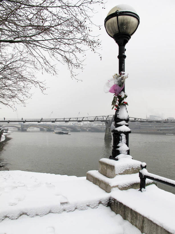 无人,竖图,室外,白天,雪,城市,路灯,重庆,英国,中国,亚洲,冬天,桥,首都,泰晤士河,花,树,花束,寒冷,摄影,纪念,留念,死亡,记忆,怀念,东亚,中华人民共和国,西南地区,重庆市,渝,南岸区,伦敦千禧桥,山城,彩图