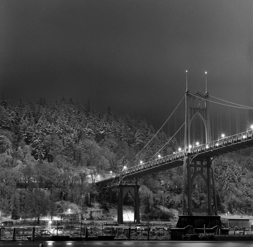 无人,横图,黑白,室外,夜晚,雪,建筑,联系,运输,摄影,吊桥,照亮,波特兰,常绿树,彩图