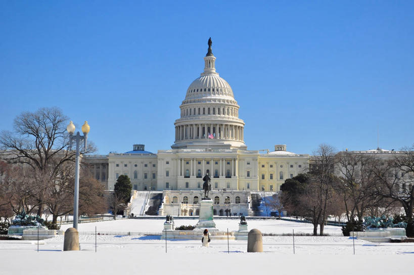 无人,公园,横图,俯视,室外,白天,雪,城市,建筑,美国,首都,地标建筑,摄影,圆顶建筑,华盛顿特区,国会大楼,万里无云,彩图,高角度拍摄