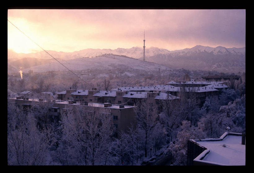无人,横图,俯视,室外,日出,山脉,雪,日光,哈萨克斯坦,屋顶,冬天,公寓,霜,树,摄影,早晨,阿拉木图,彩图,高角度拍摄