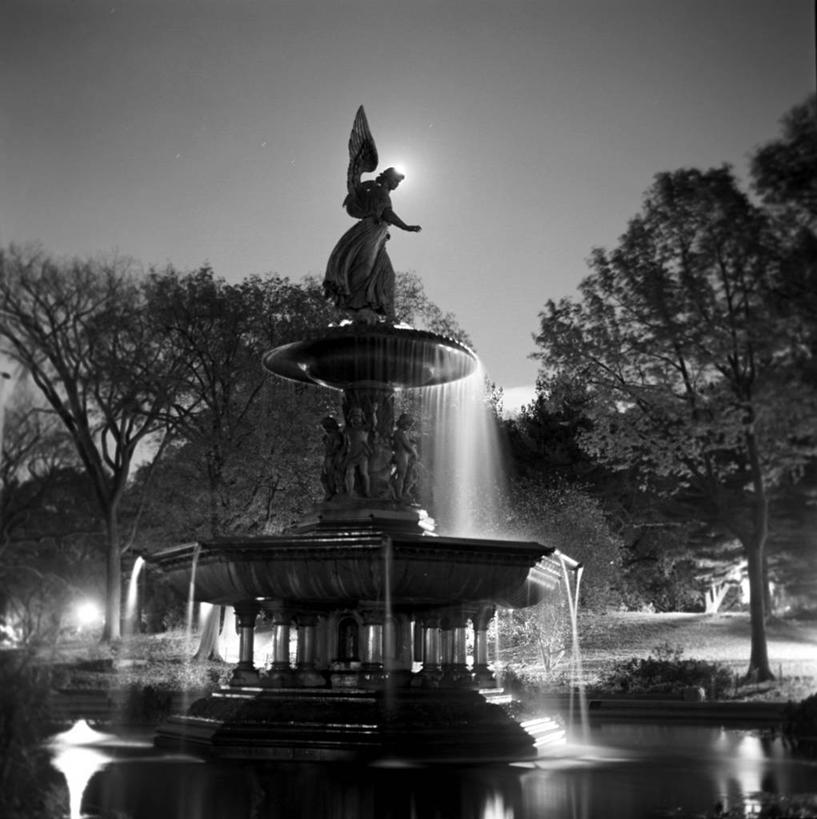 无人,公园,方图,黑白,室外,夜晚,喷泉,纽约,美国,溅,雕像,流水,摄影,宁静,剪影,中央公园