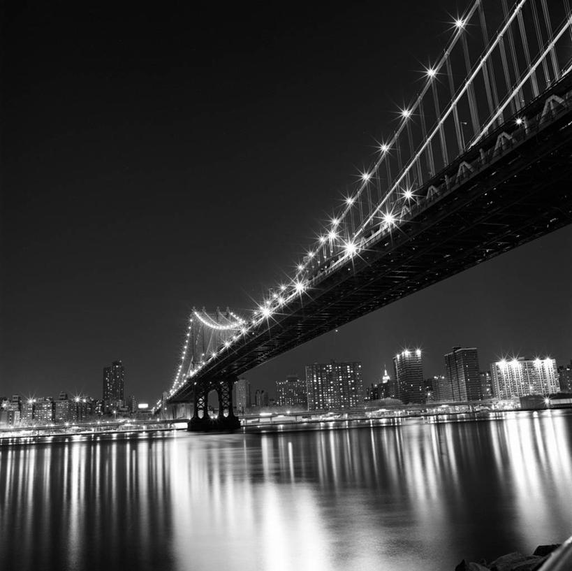 无人,横图,黑白,室外,夜晚,河流,天际线,建筑,反射,桥,联系,摄影,吊桥,照亮,布鲁克林桥