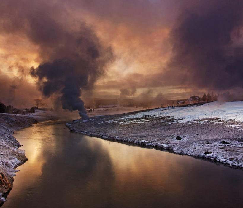 无人,横图,室外,日出,雪,日光,美国,反射,蒸汽,地形,冬天,热,风景,烟,寒冷,摄影,北美,北美洲,早晨,美洲,怀俄明,黄石公园,北亚美利加洲,亚美利加洲,彩图,美利坚合众国