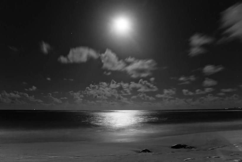 无人,横图,黑白,室外,海洋,反射,水平线,月亮,满月,月光,风景,摄影,宁静,海景,法属圣马丁,海滩,法国海外领土