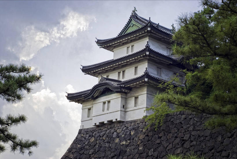 无人,横图,室外,白天,仰视,建筑,东京,日本,日本文化,城堡,悬崖,云,枝,首都,历史,树,摄影,万里无云,彩图,低角度拍摄,传统文化,江户时代