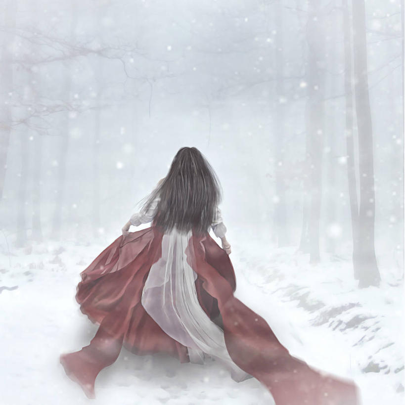 成年人,一个人,方图,室外,白天,童话故事,森林,雪,雾,德国,仅一个女性,冬天,树,背面,自然,寒冷,幻想,摄影,长发,彩图