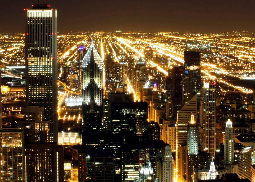 无人,横图,俯视,航拍,室外,夜晚,度假,美景,城市风光,城市,建筑,摩天大楼,美国,地平线,景观,辽阔,地面,娱乐,现代,享受,休闲,广阔,景色,放松,摄影,一望无际,照亮,鸟瞰,延伸,伊利诺斯州,天地相交,芝加哥市,无边无际,一马平川,彩图,高角度拍摄