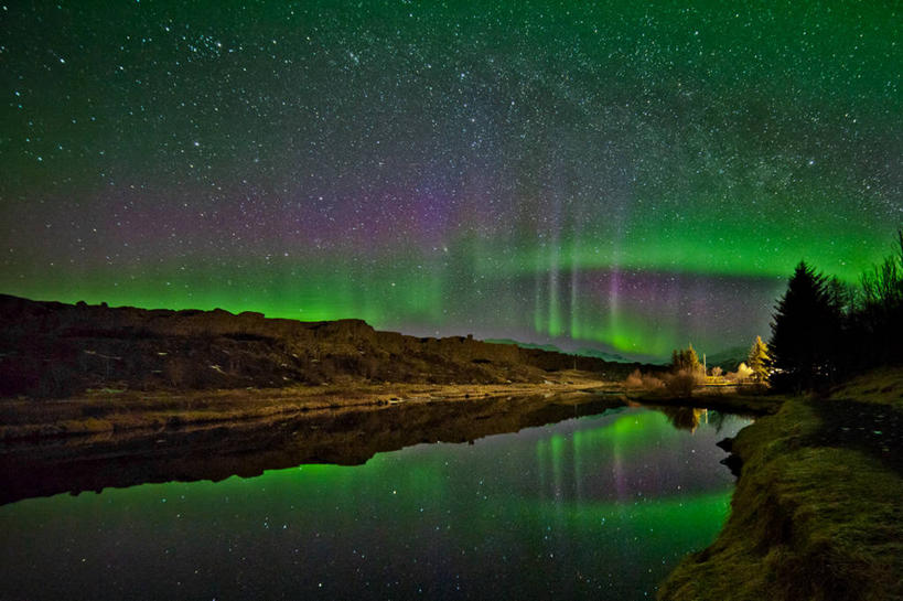 无人,横图,室外,夜晚,湖,美景,山,反射,景观,星星,树,风景,天空,自然,景色,摄影,宁静,照亮,自然风光,自然现象,天文学,辛格韦德利,北极光,彩图