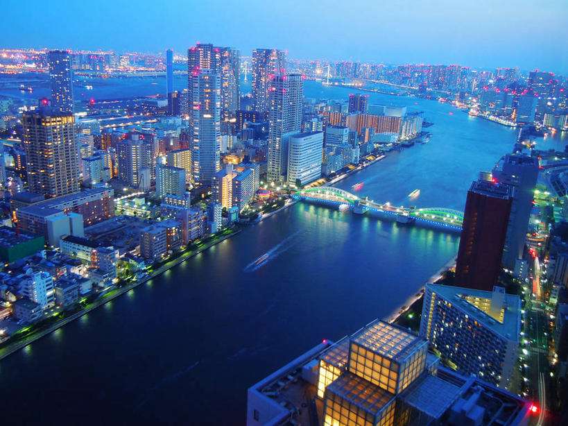 无人,横图,俯视,室外,夜晚,度假,河流,美景,城市风光,城市,建筑,摩天大楼,东京,日本,日本文化,景观,桥,东京湾,首都,联系,娱乐,天空,享受,休闲,景色,放松,摄影,宁静,照亮,住房,彩图,高角度拍摄