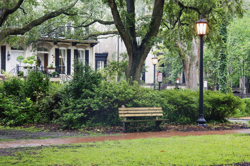 无人,公园,广场,横图,室外,白天,雨,城市,建筑,路灯,椅子,美国,湿,长椅,天气,草,树,绿色,摄影,照亮,北美,彩图,查塔姆县