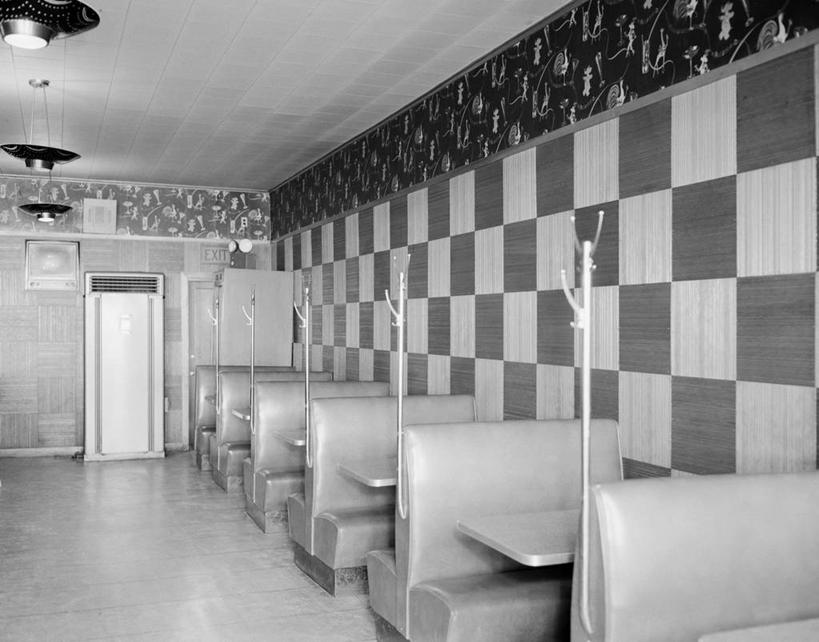 无人,横图,黑白,室内,重复,壁纸,桌子,衣架,美国,一排,整齐,座位,排列,摄影,快餐店,队列,马萨诸塞,餐馆