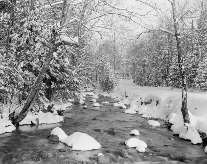无人,横图,黑白,室外,白天,河流,森林,雪,美国,冬天,树,风景,小溪,摄影,北美,北美洲,美洲,新罕布什尔州,北亚美利加洲,亚美利加洲,新罕布什尔,新罕布夏州,花岗岩州,花冈岩之州,滑雪之州,新英格兰,白山山脉,纽英仑,美利坚合众国